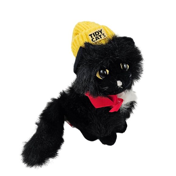 Animal Fair Tidy Cat 3 Plush Black White Stuffed Cat Yellow Hat Red Bow Vintage - Picture 1 of 10